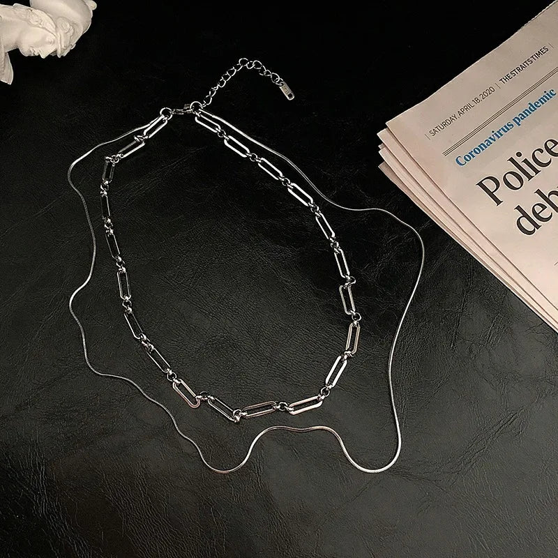 2023 Stainless stee Double layer Chain Necklace Simple Minimalist Punk Necklace for Women Men Goth Grunge Emo Y2K Jewelry