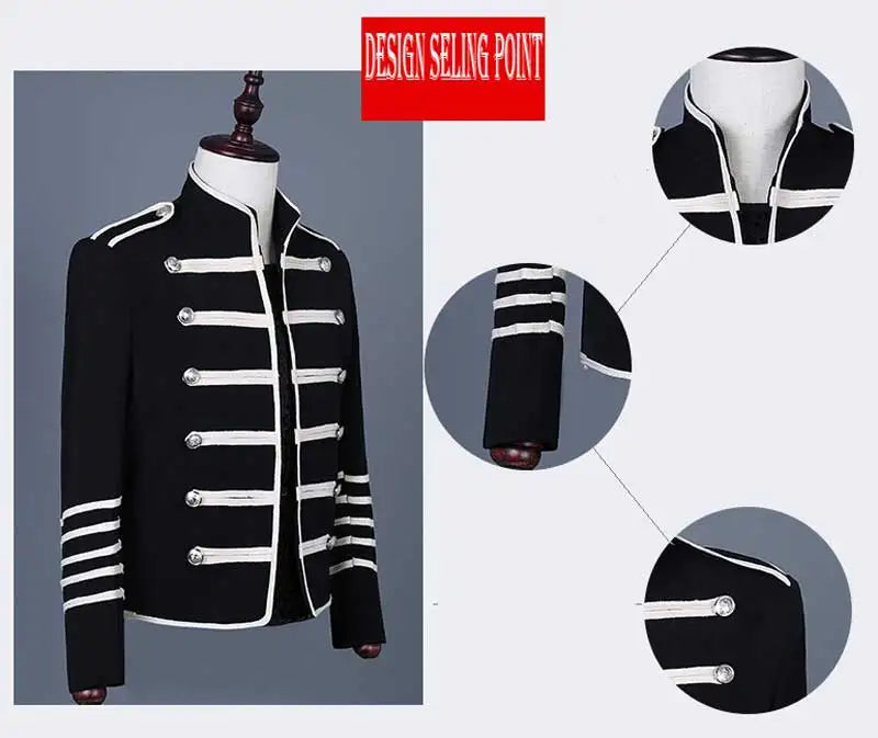Men's Steampunk Military Drummer Emo Punk Gothic Parade Jacket Double Breasted Stand Collar Party Singer Show Prom Costume Homme