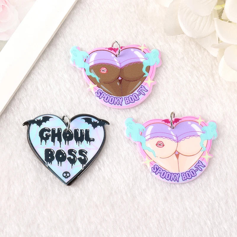 6pcs Halloween Pastel Goth Ghoul Boss Charms Acrylic Spooky Booty Pendant Colorful Jewlery Findings For Earring Necklace Diy