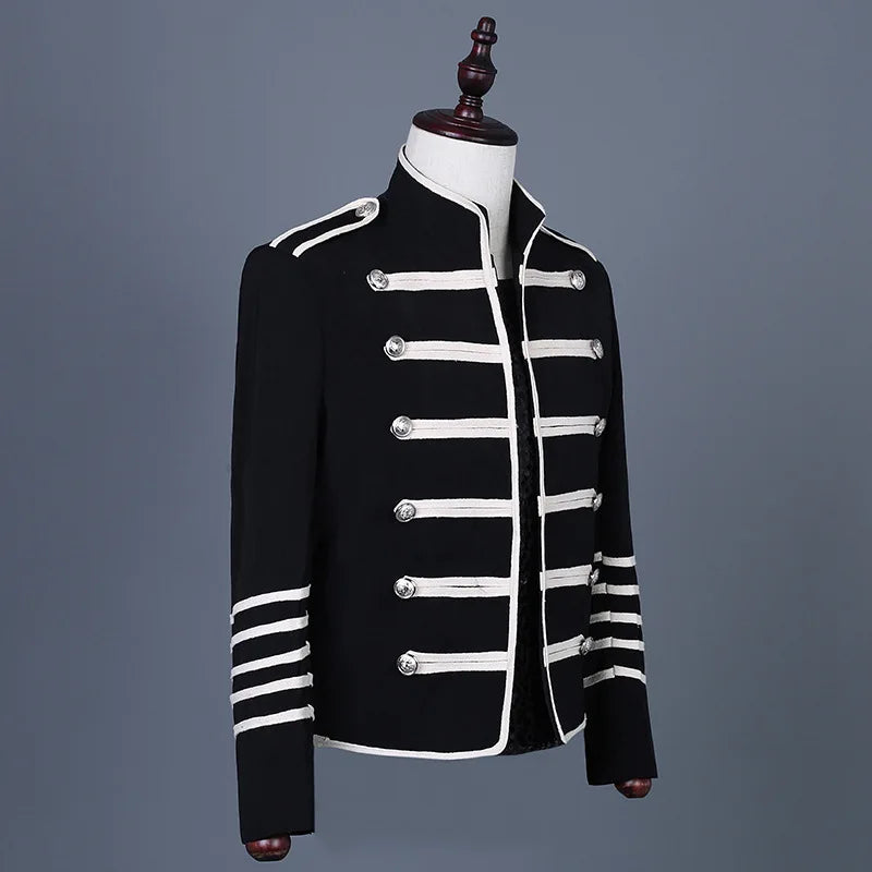 Men's Steampunk Military Drummer Emo Punk Gothic Parade Jacket Double Breasted Stand Collar Party Singer Show Prom Costume Homme