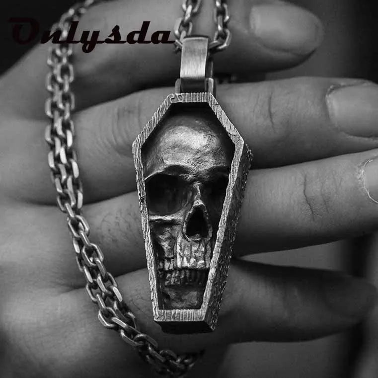 Dropshipping Punk Rock Stainless Steel skull coffin Pendant Necklace With Chain For Man Party/Halloween Man Gift