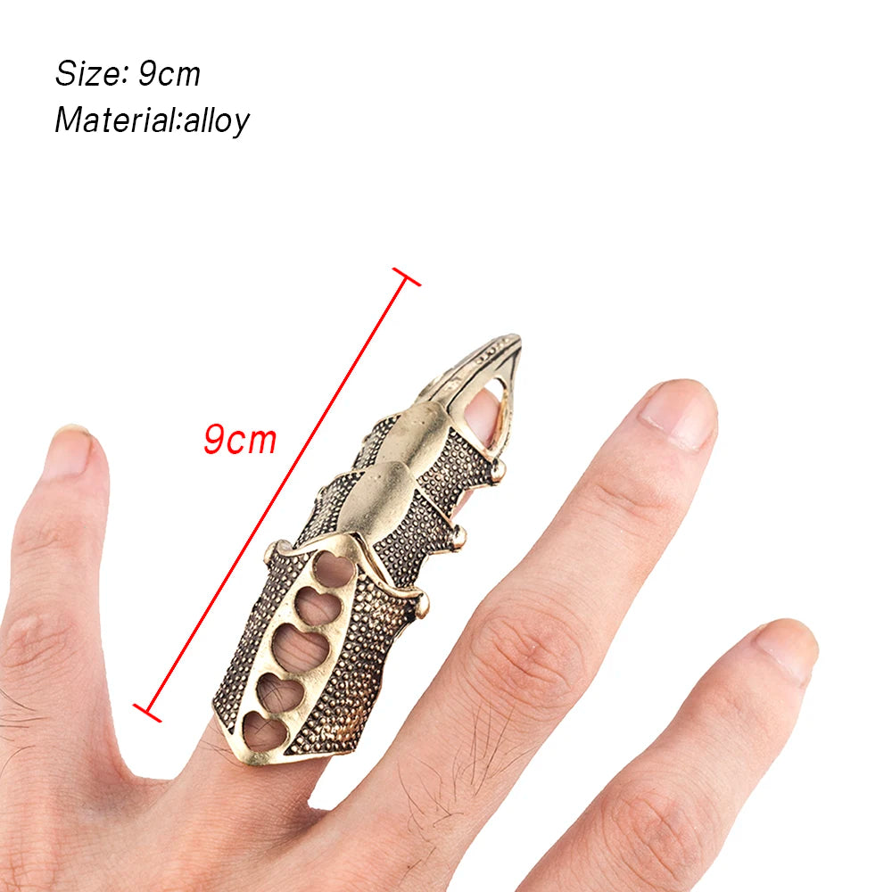 2022 NEW Cool Boys Punk Gothic Rock Scroll Joint Armor Knuckle Metal Full Finger Ring Gold Cospaly DIY Ring Halloween decoration