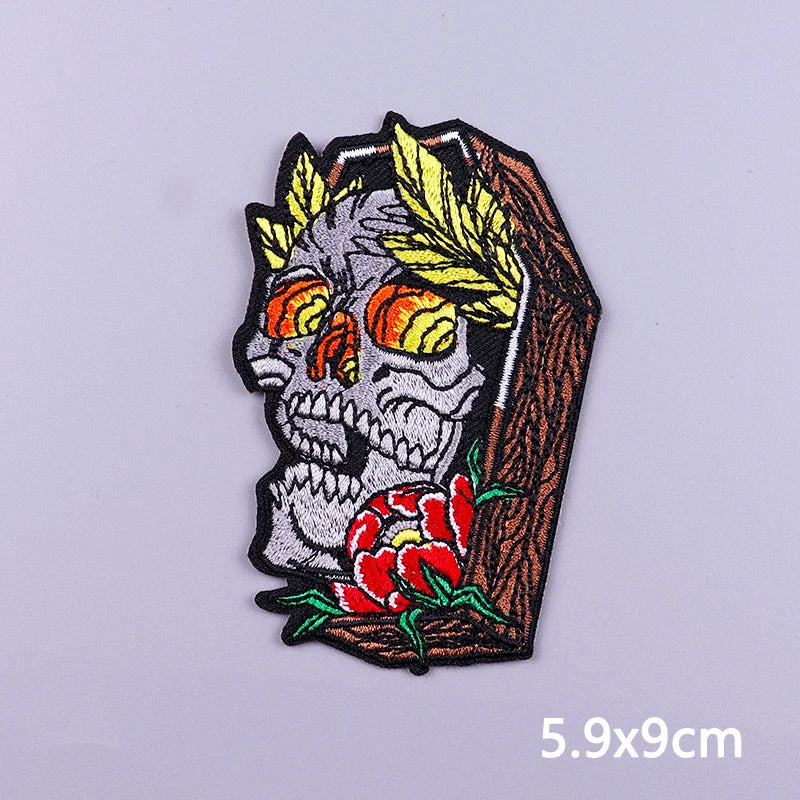 Punk Skull Animal Embroidered Patches For Clothing Stickers Horror Coffin Patch Iron On Patches On Clothes Sew/Fusible Patch