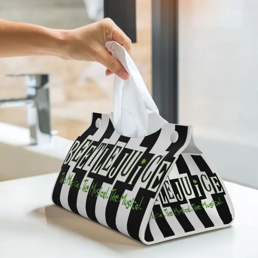 Custom Horror Movie Beetlejuices Tissue Box Holder Rectangular Tim Burton Style PU Leather Facial Tissue Box Cover for Bathroom