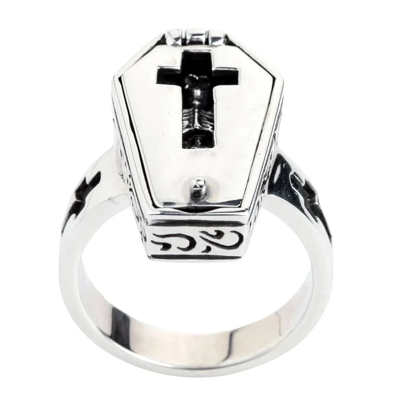 2023 New Halloween Retro Punk Flip Pattern Skull Coffin Neutral Simple Ring Creative Jewelry Party Gift