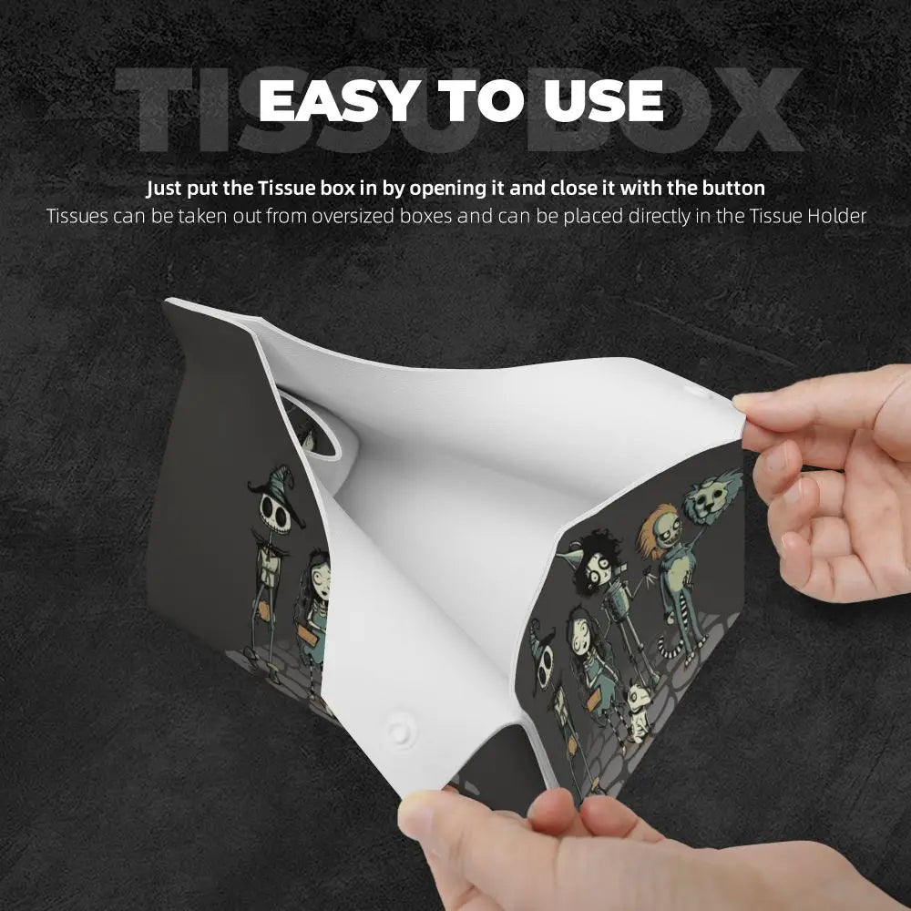 Custom Horror Movie Beetlejuices Tissue Box Holder Rectangular Tim Burton Style PU Leather Facial Tissue Box Cover for Bathroom