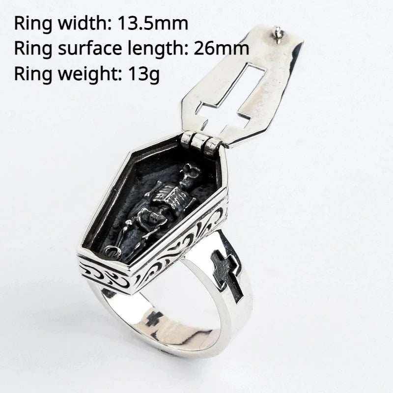 2023 New Halloween Retro Punk Flip Pattern Skull Coffin Neutral Simple Ring Creative Jewelry Party Gift