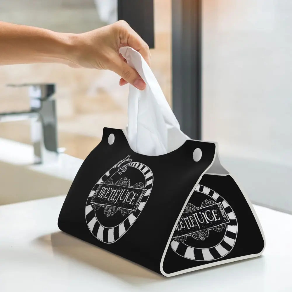 Custom Horror Movie Beetlejuices Tissue Box Holder Rectangular Tim Burton Style PU Leather Facial Tissue Box Cover for Bathroom