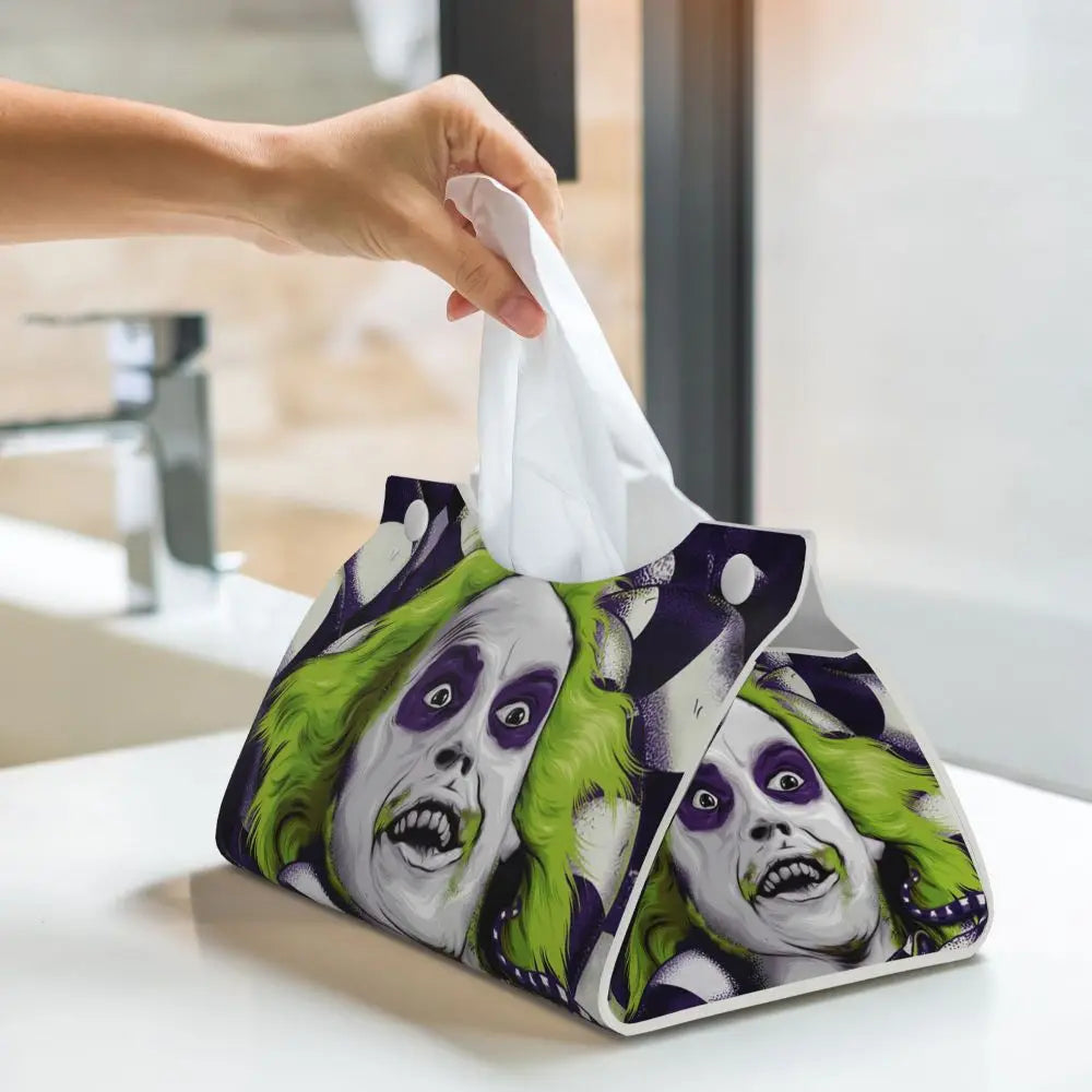 Custom Horror Movie Beetlejuices Tissue Box Holder Rectangular Tim Burton Style PU Leather Facial Tissue Box Cover for Bathroom