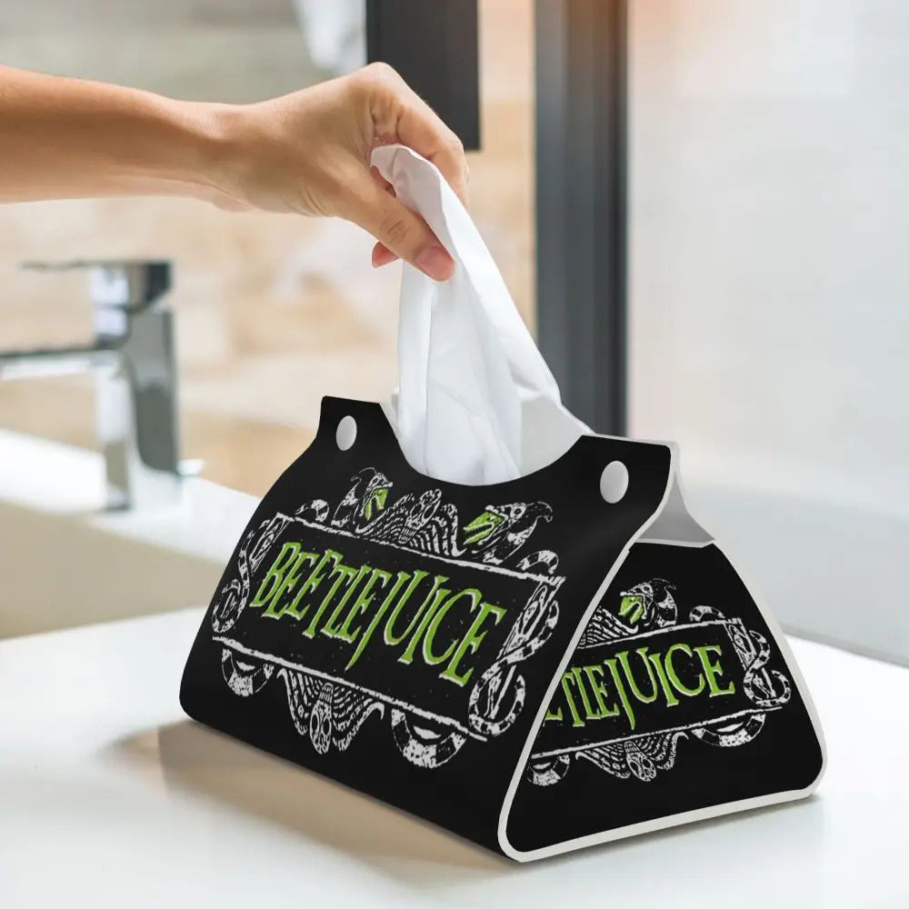 Custom Horror Movie Beetlejuices Tissue Box Holder Rectangular Tim Burton Style PU Leather Facial Tissue Box Cover for Bathroom