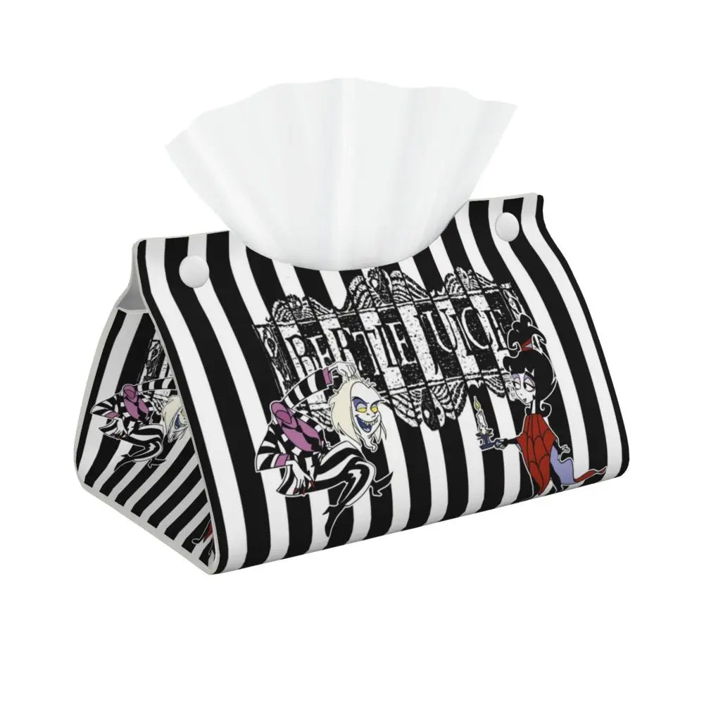 Custom Horror Movie Beetlejuices Tissue Box Holder Rectangular Tim Burton Style PU Leather Facial Tissue Box Cover for Bathroom
