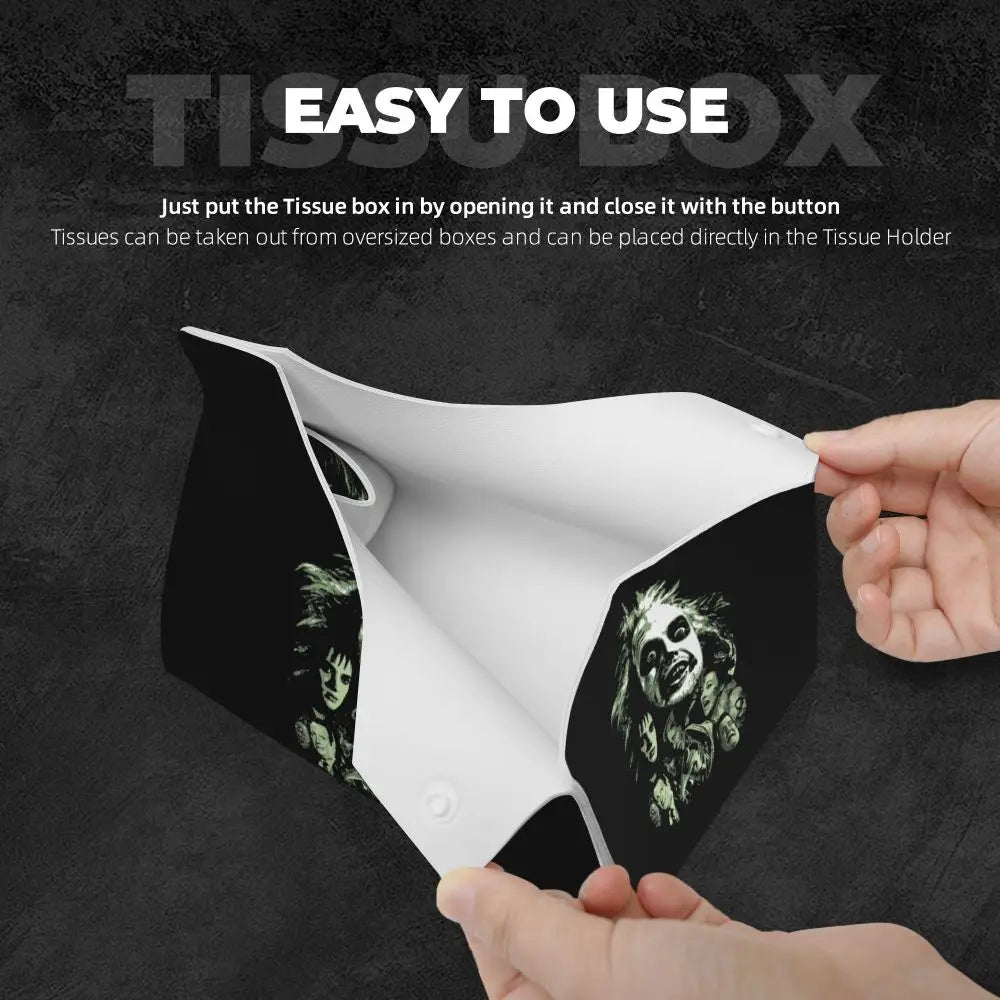 Custom Horror Movie Beetlejuices Tissue Box Holder Rectangular Tim Burton Style PU Leather Facial Tissue Box Cover for Bathroom