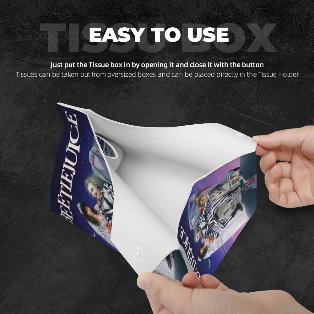 Custom Horror Movie Beetlejuices Tissue Box Holder Rectangular Tim Burton Style PU Leather Facial Tissue Box Cover for Bathroom