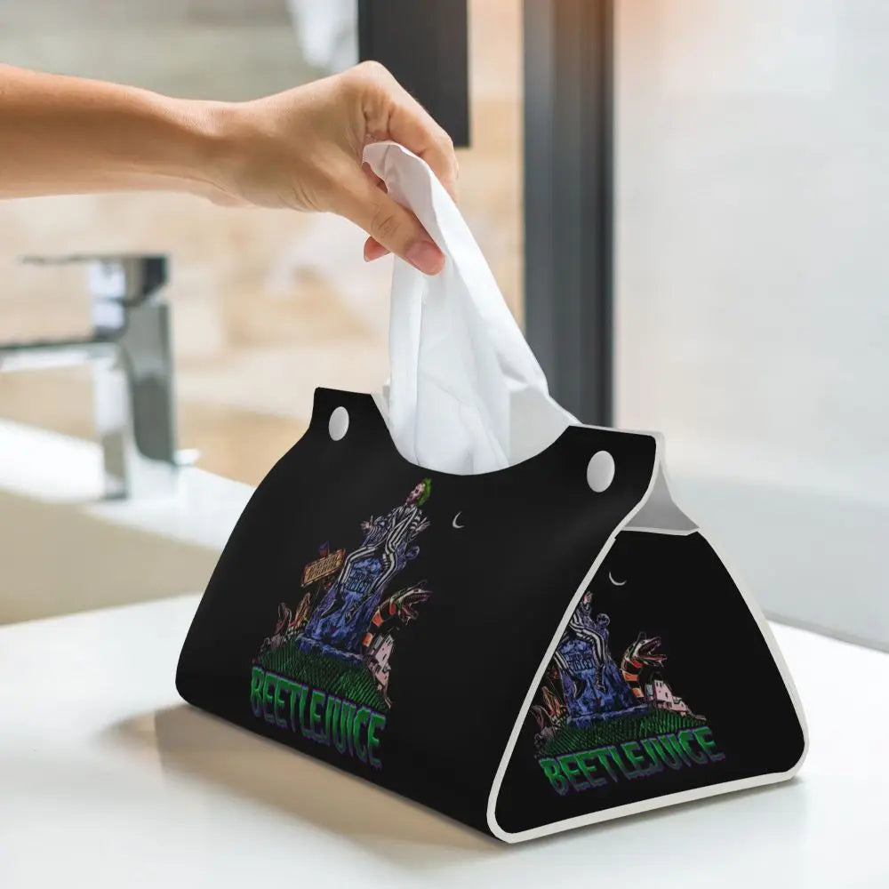 Custom Horror Movie Beetlejuices Tissue Box Holder Rectangular Tim Burton Style PU Leather Facial Tissue Box Cover for Bathroom