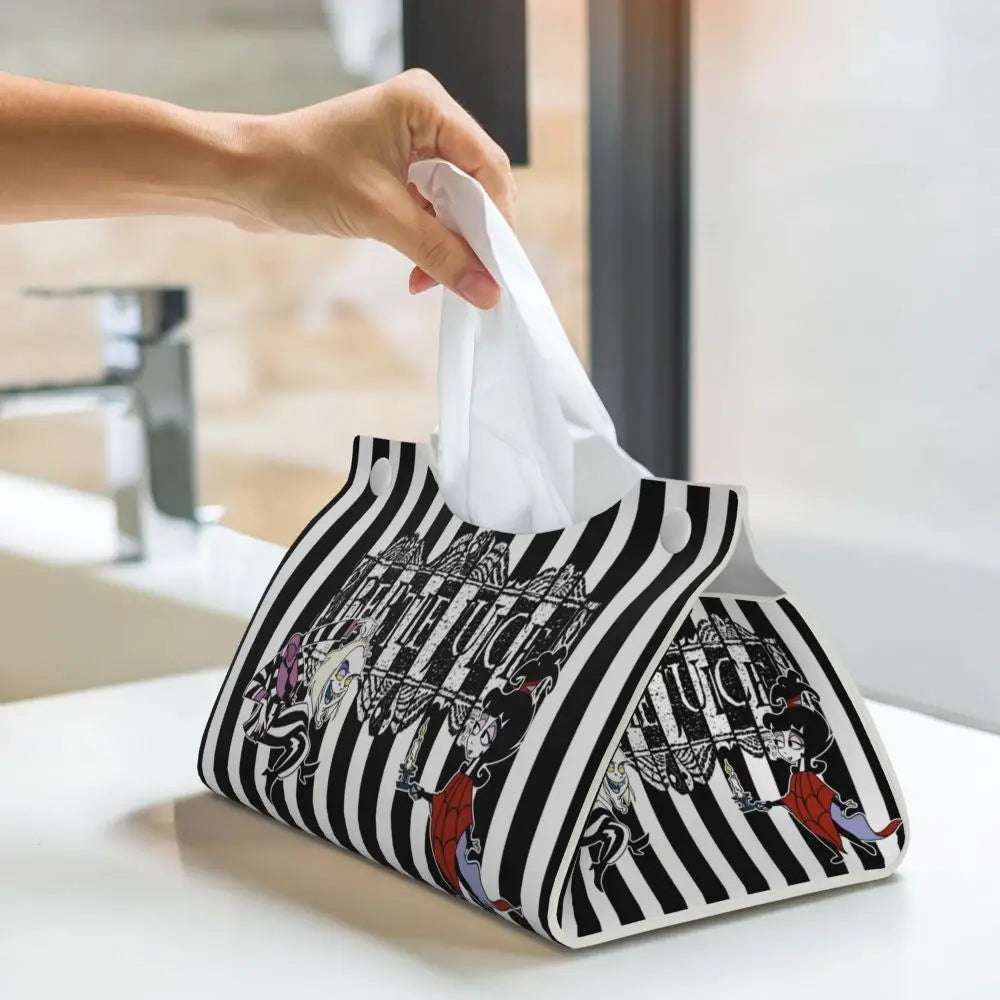 Custom Horror Movie Beetlejuices Tissue Box Holder Rectangular Tim Burton Style PU Leather Facial Tissue Box Cover for Bathroom