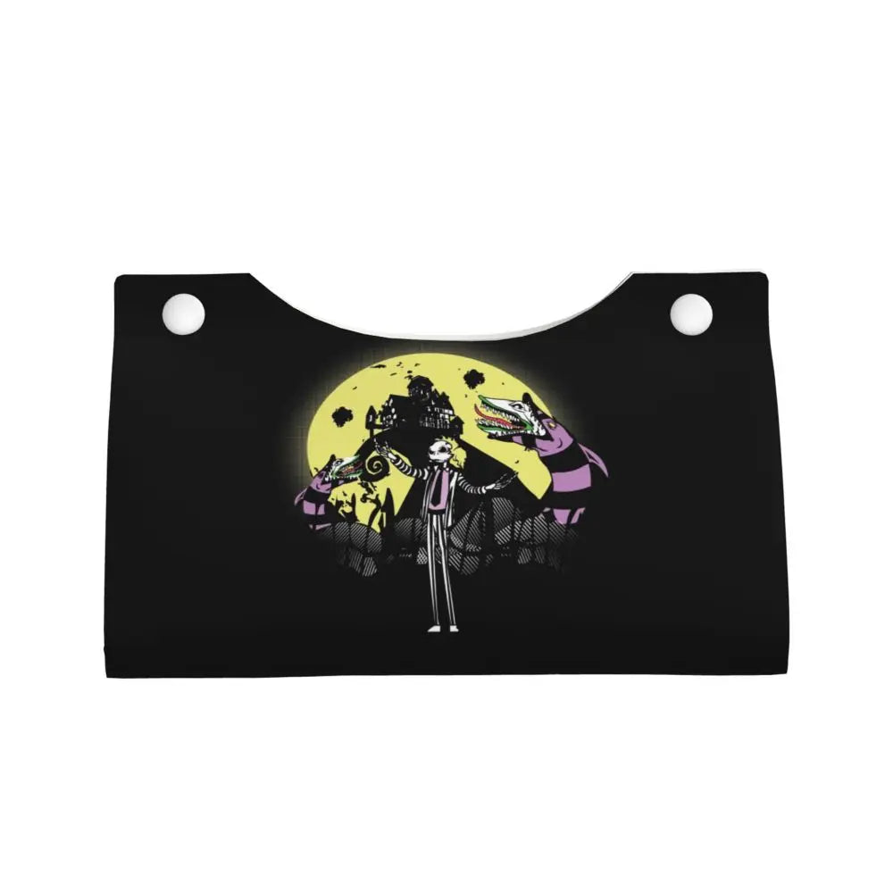 Custom Horror Movie Beetlejuices Tissue Box Holder Rectangular Tim Burton Style PU Leather Facial Tissue Box Cover for Bathroom