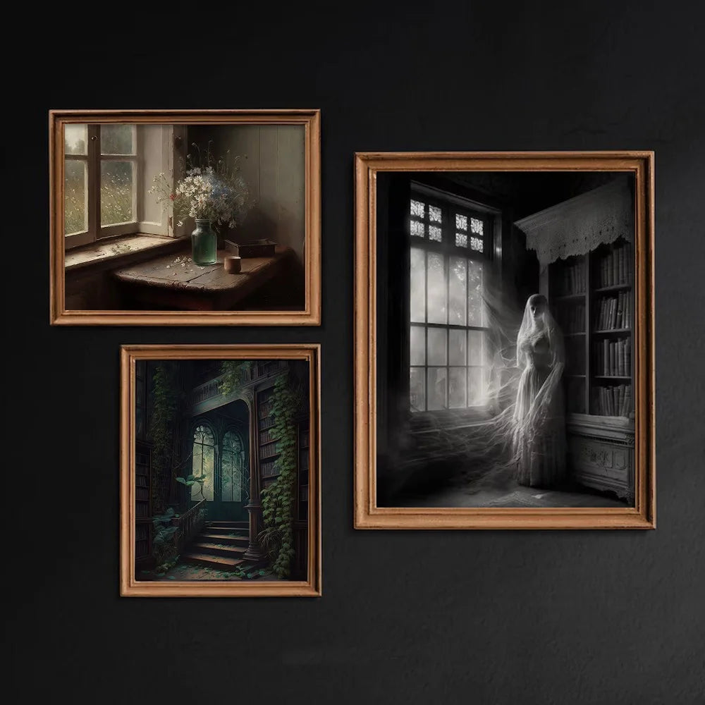 Dark Academia Art Poster Prints For Gallery Living Room Decor Gothic Skull Haunted House Ghost Bride Canvas Painting Wall Art