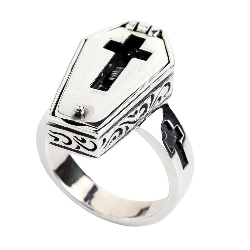 2023 New Halloween Retro Punk Flip Pattern Skull Coffin Neutral Simple Ring Creative Jewelry Party Gift