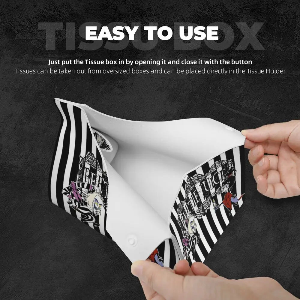Custom Horror Movie Beetlejuices Tissue Box Holder Rectangular Tim Burton Style PU Leather Facial Tissue Box Cover for Bathroom