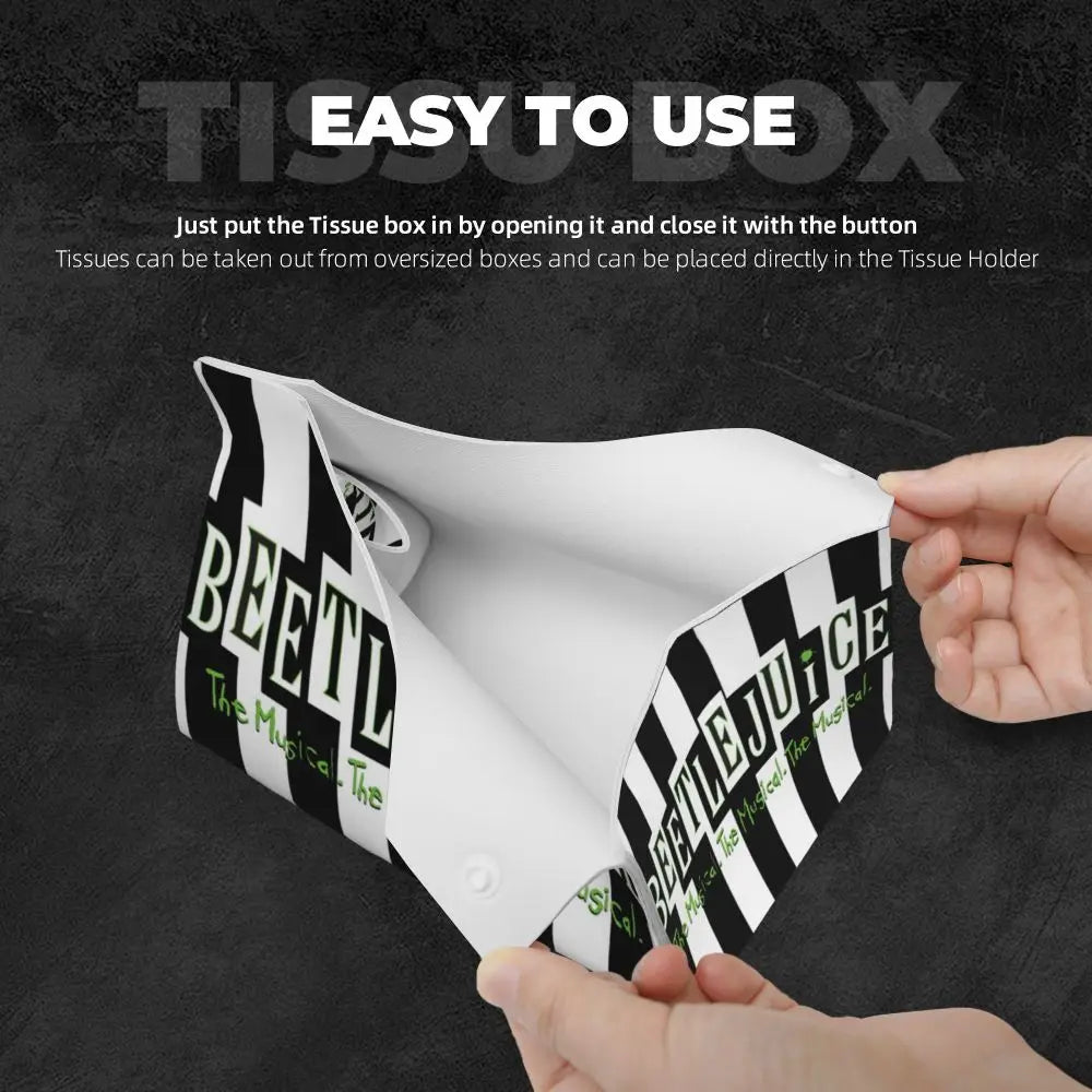 Custom Horror Movie Beetlejuices Tissue Box Holder Rectangular Tim Burton Style PU Leather Facial Tissue Box Cover for Bathroom