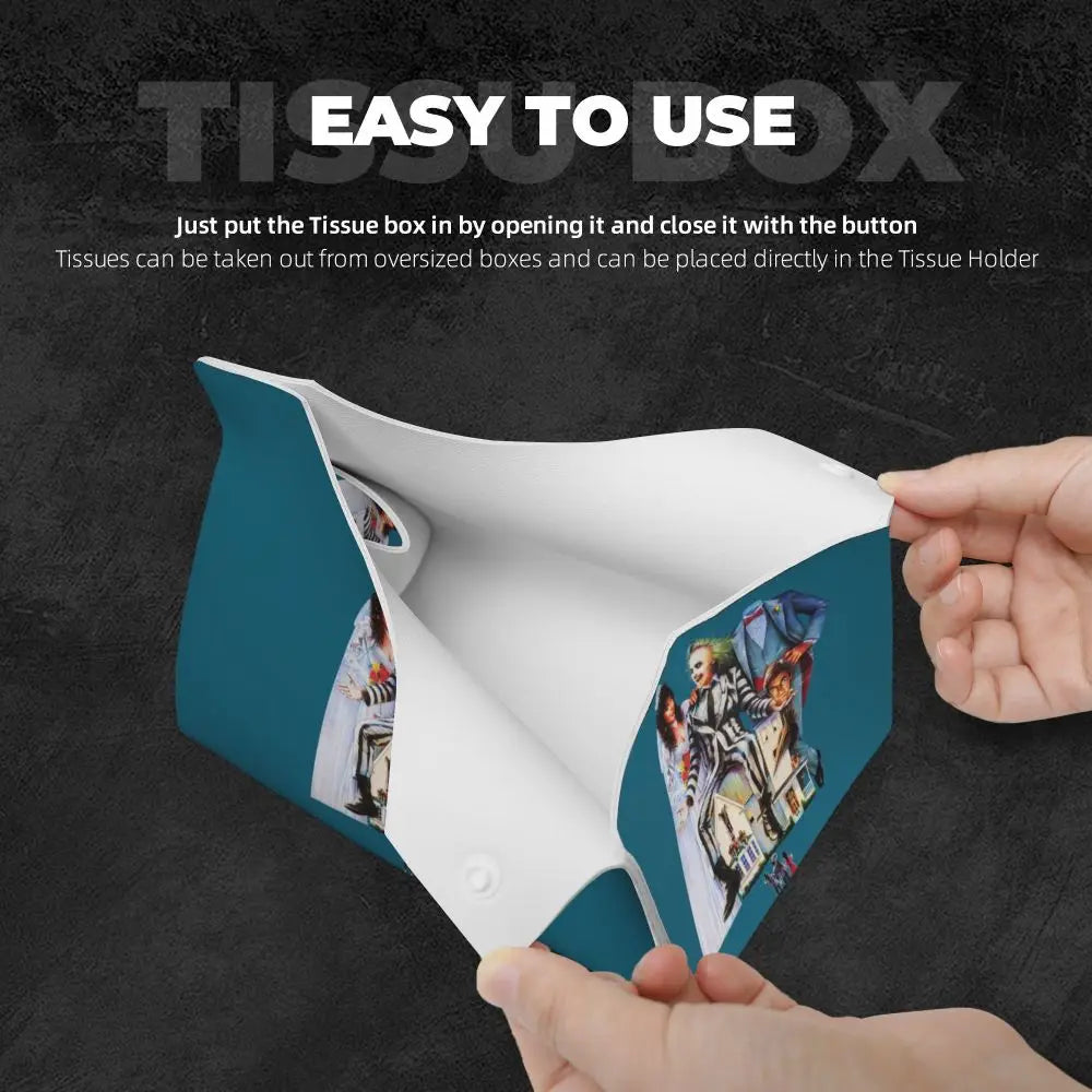 Custom Horror Movie Beetlejuices Tissue Box Holder Rectangular Tim Burton Style PU Leather Facial Tissue Box Cover for Bathroom