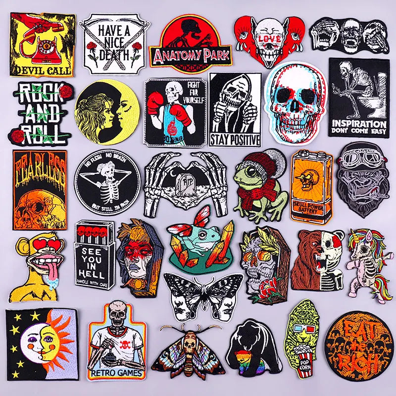 Punk Skull Animal Embroidered Patches For Clothing Stickers Horror Coffin Patch Iron On Patches On Clothes Sew/Fusible Patch