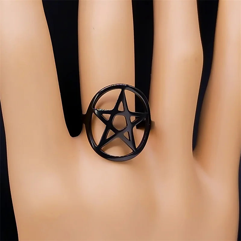 Gothic Satan Inverted Pentagram Finger Ring for Men Women Stainless Steel Adjustable Rings Emo Punk Hip Hop Jewelry Gifts R27S03