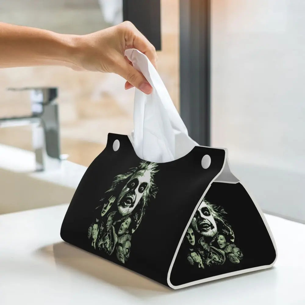 Custom Horror Movie Beetlejuices Tissue Box Holder Rectangular Tim Burton Style PU Leather Facial Tissue Box Cover for Bathroom