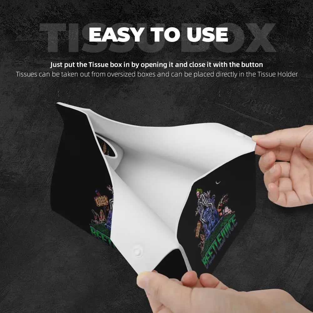Custom Horror Movie Beetlejuices Tissue Box Holder Rectangular Tim Burton Style PU Leather Facial Tissue Box Cover for Bathroom
