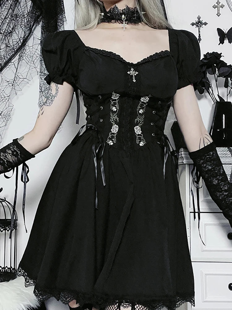 Goth Dark Lolita Mall Gothic A-line Kwaii Mini Dresses Grunge Style Black Bandage Corset Dress Women Emo Embroidery Alt Clothes