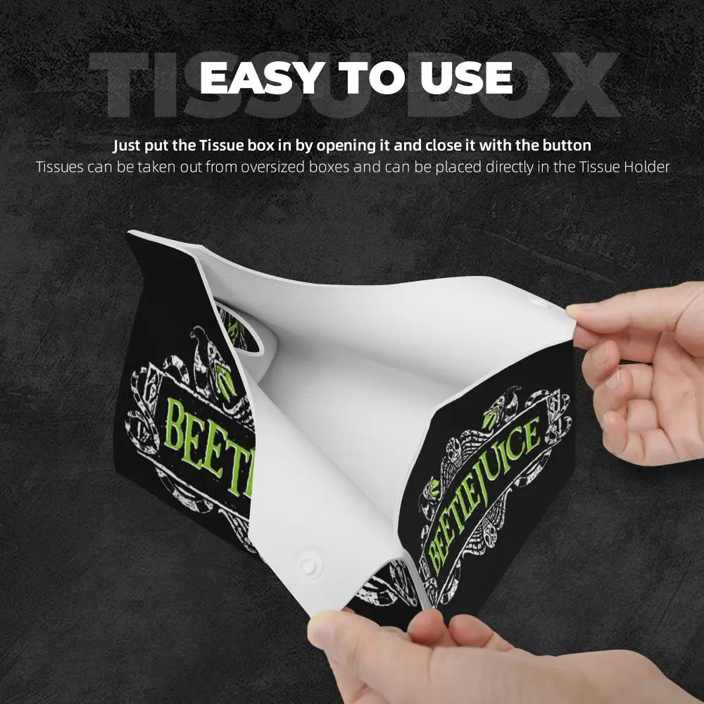 Custom Horror Movie Beetlejuices Tissue Box Holder Rectangular Tim Burton Style PU Leather Facial Tissue Box Cover for Bathroom