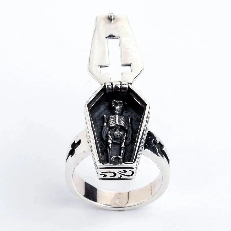 2023 New Halloween Retro Punk Flip Pattern Skull Coffin Neutral Simple Ring Creative Jewelry Party Gift