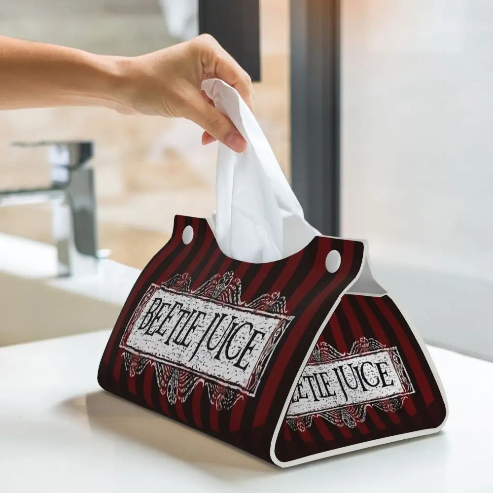 Custom Horror Movie Beetlejuices Tissue Box Holder Rectangular Tim Burton Style PU Leather Facial Tissue Box Cover for Bathroom