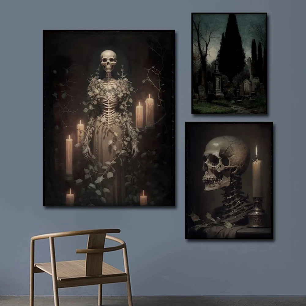 Dark Academia Art Poster Prints For Gallery Living Room Decor Gothic Skull Haunted House Ghost Bride Canvas Painting Wall Art