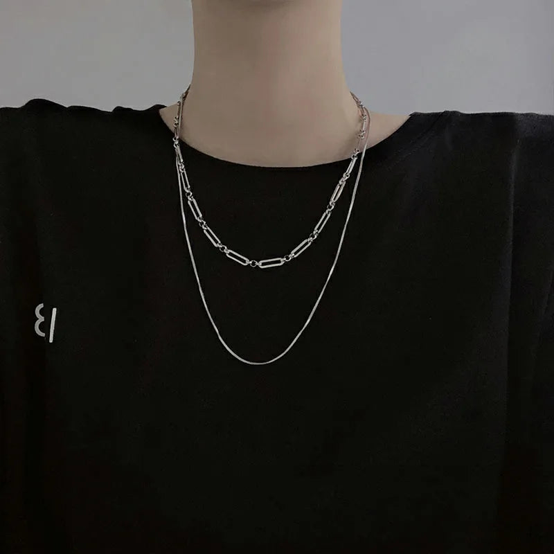 2023 Stainless stee Double layer Chain Necklace Simple Minimalist Punk Necklace for Women Men Goth Grunge Emo Y2K Jewelry