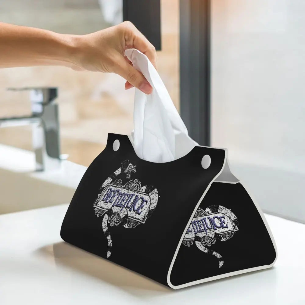 Custom Horror Movie Beetlejuices Tissue Box Holder Rectangular Tim Burton Style PU Leather Facial Tissue Box Cover for Bathroom