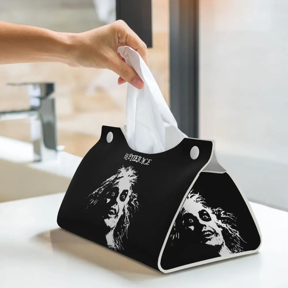 Custom Horror Movie Beetlejuices Tissue Box Holder Rectangular Tim Burton Style PU Leather Facial Tissue Box Cover for Bathroom