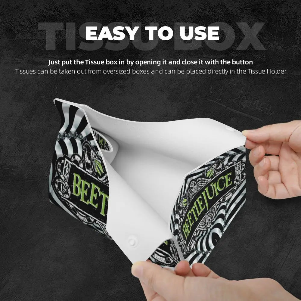 Custom Horror Movie Beetlejuices Tissue Box Holder Rectangular Tim Burton Style PU Leather Facial Tissue Box Cover for Bathroom