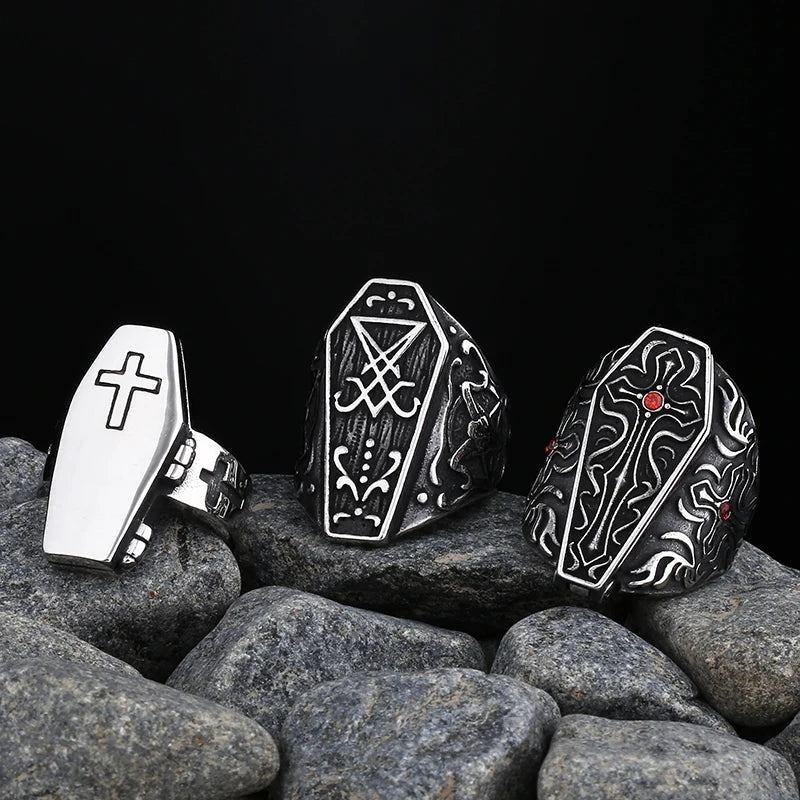 2024 New Gothic Band Vampire Diaries Coffin Ring For Men Women Stainless Steel Male Anel Gift For Him