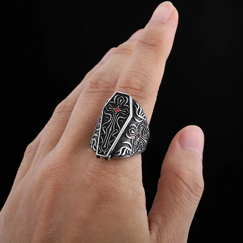 2024 New Gothic Band Vampire Diaries Coffin Ring For Men Women Stainless Steel Male Anel Gift For Him