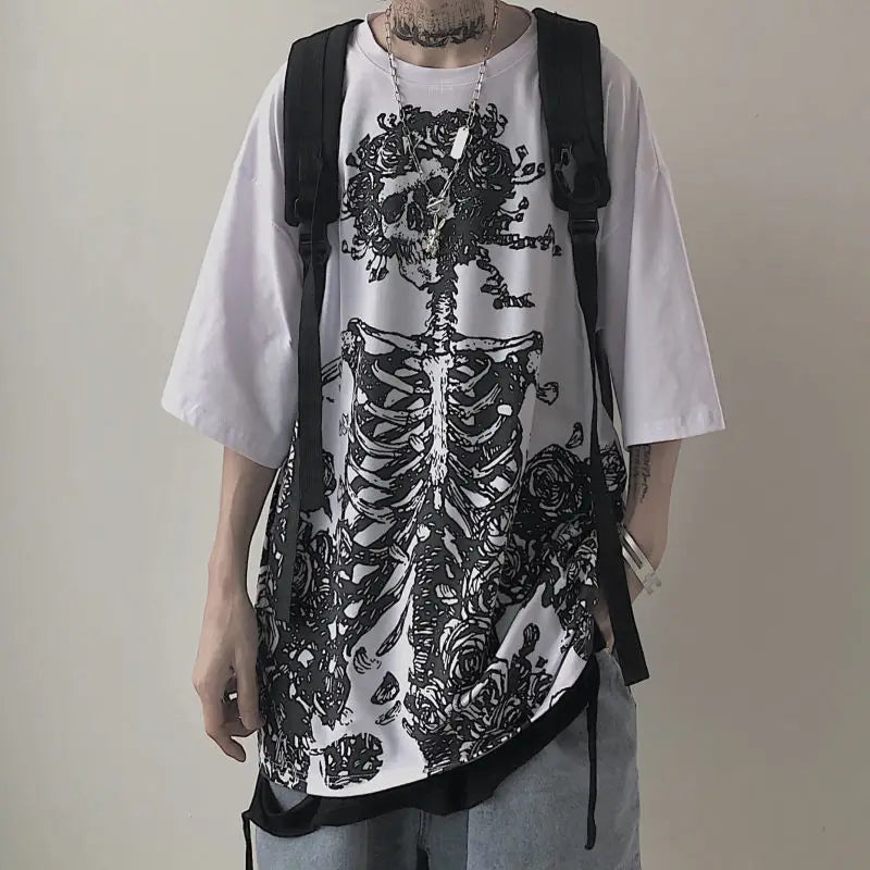 QWEEK Gothic Harajuku Skull T-shirt 2021 Korean Fashion Oversized Short Sleeve Tees Shirt Mall Goth Tops Grunge Alt Kpop Clothes