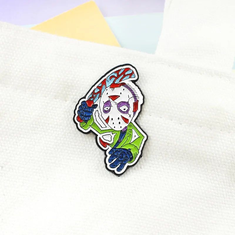 Jason enamel clown mask brooch funny cartoon warrior badge scary monster sickle ugly blue leather mask movie jewelry gift