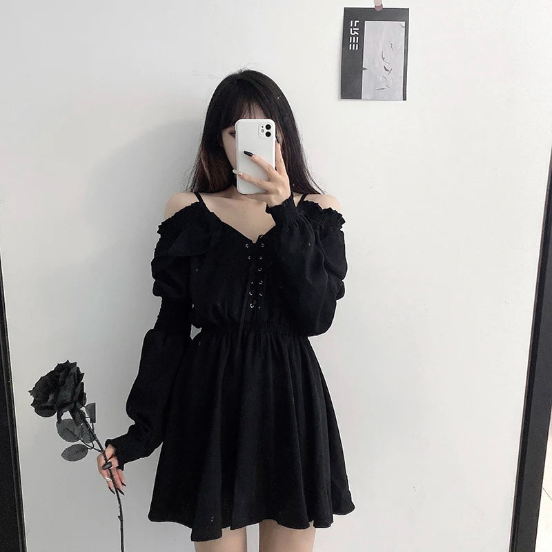 Women Dress M-4XL Lace Up Black Autumn 2022 Sexy High Waist Femme Dresses Off Shoulder Long Sleeve Gothic Clothes