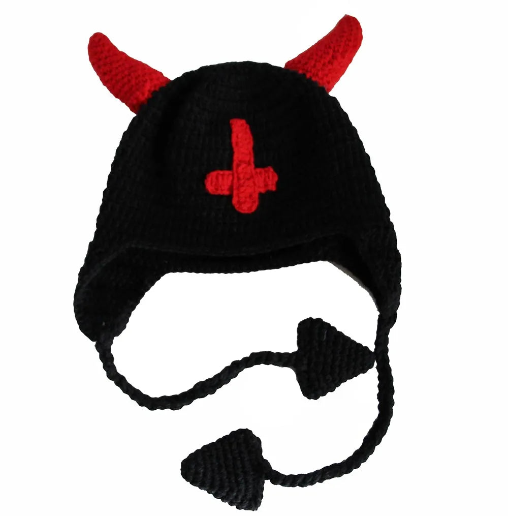 BomHCS Horns Cross Hat Winter Warm Knitted Beanie Cap Halloween Xmas heart Earflap