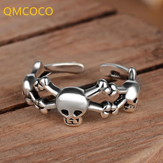 QMCOCO Silver Color Punk Geometric Ring Fashion Horror Skull Men Women Halloween Accessories Simple Fun Party Gifts