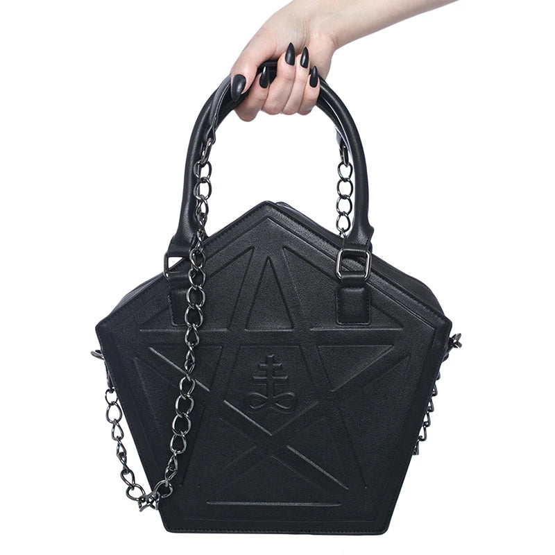 Pentagram Punk Darkness Gothic Star Handbag Women Girl Black PU Soft Leather Shoulder Bag With Chain High Quality