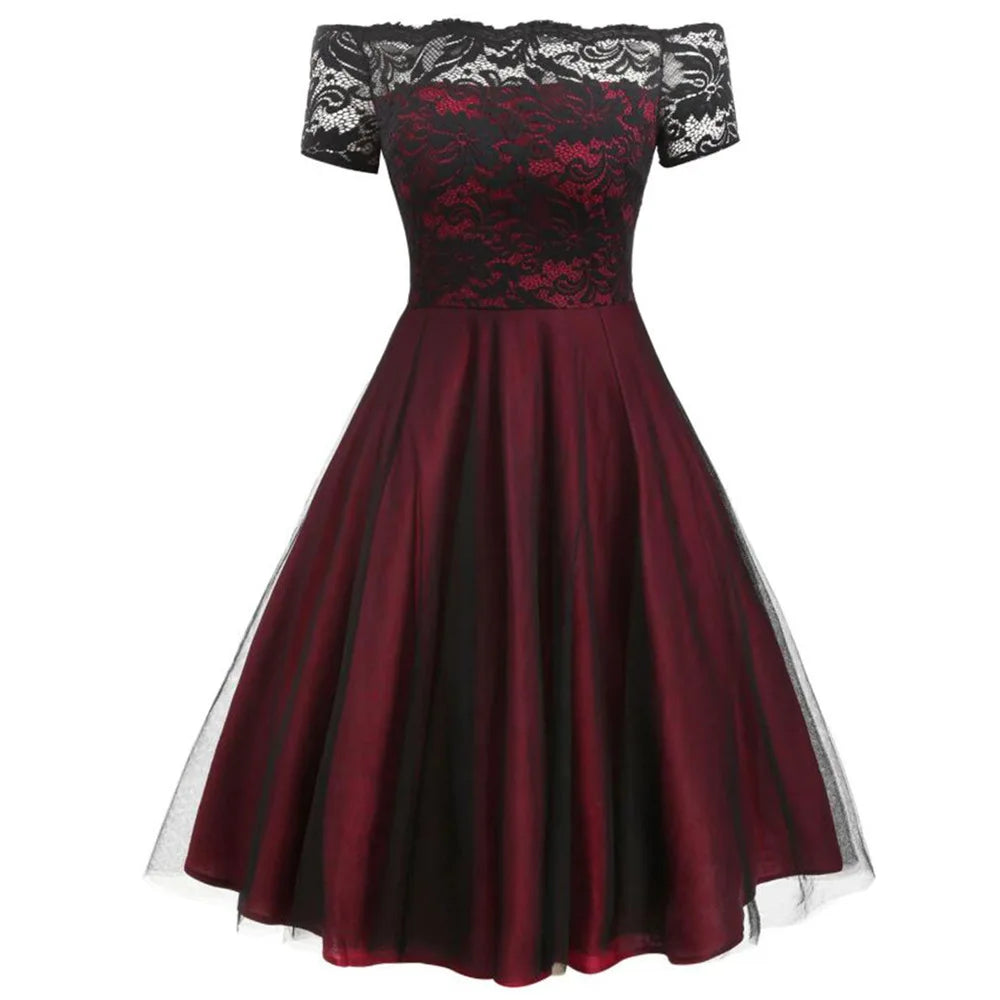 Women Vintage Lace Dress Formal Red Black Green Slash Neck Tulle Midi Jurken Chic Retro Gothic 50s Swing Dresses Party Clothing