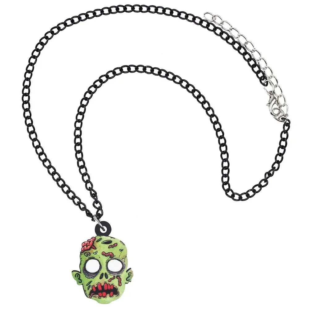 WEVENI Acrylic Halloween Horror Zombie Head Necklace Chain Aesthetic Pendant Jewelry For Women Kids Party Funny Gift Decoration