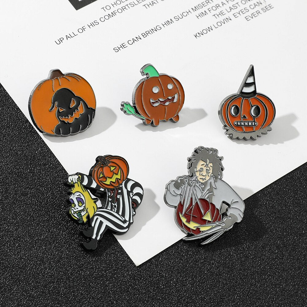 Halloween Enamel Pins Edward Scissor Hands Beetlejuice Pumpkin Head & Classic Pumpkin