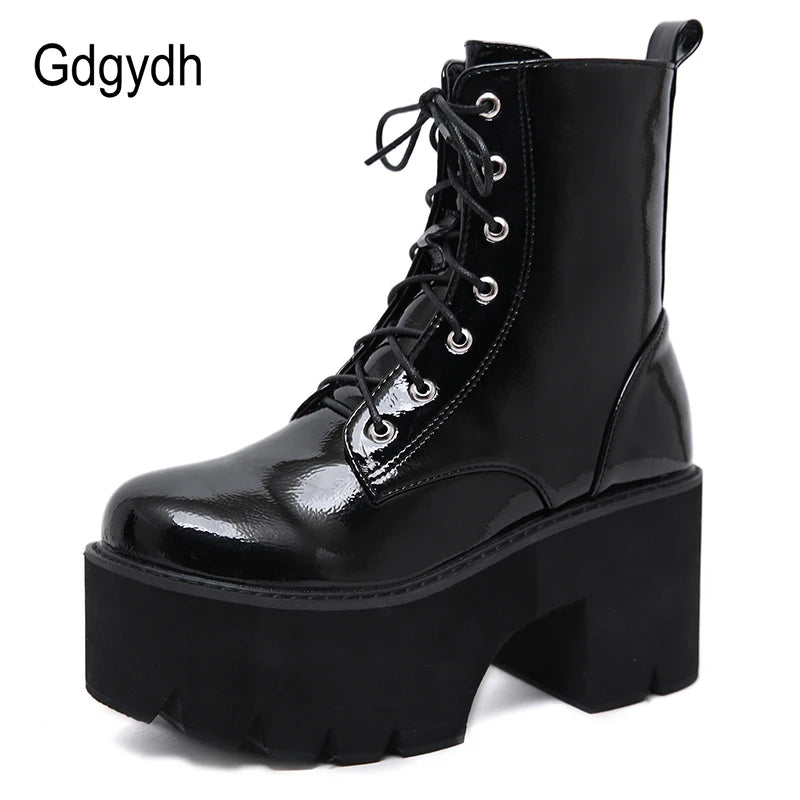 Woman Lace Autumn Boots Womens Ladies Chunky Wedge Platform Black Patent Leather Ankle Boots Punk Goth Shoes Lace Up